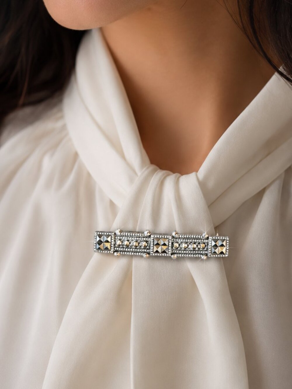 Judith Jack Sterling Silver Marcasite Bar Brooch | Vintage Art Deco Style Pin
